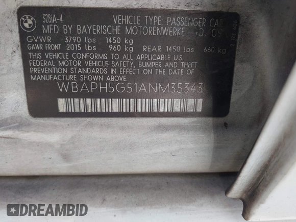 2010 BMW 3 Series 328i with VIN WBAPH5G51ANM35343, listed as a IAAI auction lot 41945719 with 139,990 mi miles and . Bid and sale history available at DreamBid. Image 9.