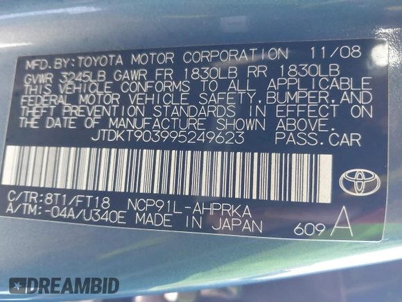 2009 Toyota Yaris with VIN JTDKT903995249623, listed as a IAAI auction lot 41580147 with 177,618 mi miles and . Bid and sale history available at DreamBid. Image 9.