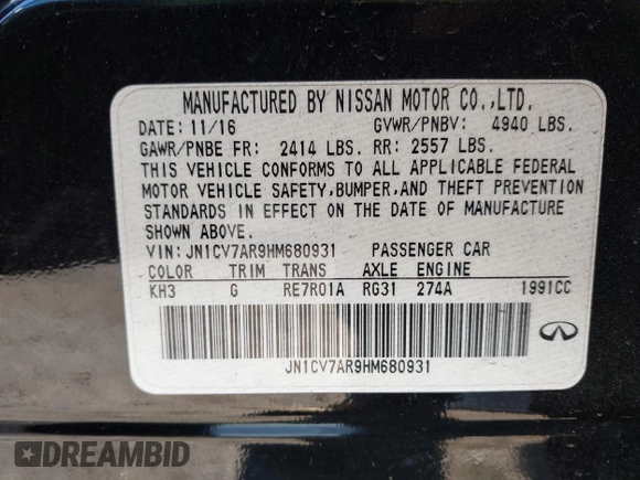 2017 Infiniti Q50 2.0t with VIN JN1CV7AR9HM680931, listed as a IAAI auction lot 40921330 with 87,886 mi miles. Bid and sale history available at carsss.com. Image 9.