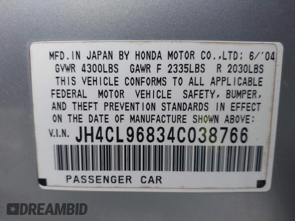 2004 Acura TSX with VIN JH4CL96834C038766, listed as a IAAI auction lot 42371241 with 244,081 mi miles and . Bid and sale history available at DreamBid. Image 9.