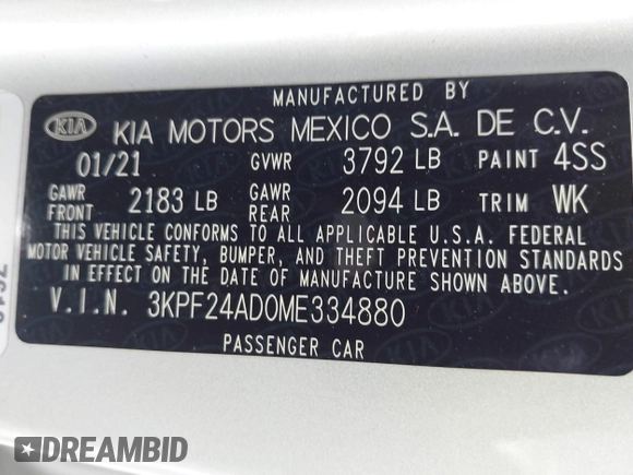 2021 Kia Forte LXS z VIN 3KPF24AD0ME334880, wystawiony jako IAAI lot #42257054 z przebiegiem 159 489 mil mil oraz . Historia ofert i sprzedaży dostępna na DreamBid. Obrazek 9.