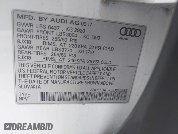 2018 Audi Q7 Premium Plus with VIN WA1LHAF70JD015988, listed as a IAAI auction lot 42213019 with 156,124 mi miles and . Bid and sale history available at DreamBid. Image 9.