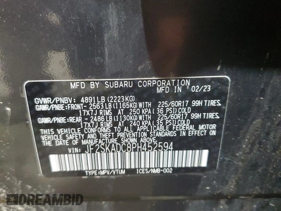 2023 Subaru Forester Premium with VIN JF2SKADC8PH452594, listed as a Copart auction lot 56901525 with 34,424 mi miles and Salvage title. Bid and sale history available at DreamBid. Image 14.