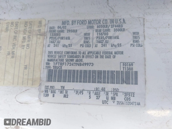 2002 Ford F-150 XL with VIN 1FTRF17242NB49973, listed as a IAAI auction lot 40825610 with Not Provided miles. Bid and sale history available at carsss.com. Image 9.
