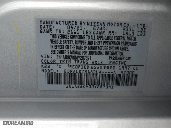 2021 Nissan Sentra SV with VIN 3N1AB8CV0MY287391, listed as a Copart auction lot 51817505 with 66,565 mi miles and Salvage Title. Bid and sale history available at carsss.com. Image 13.