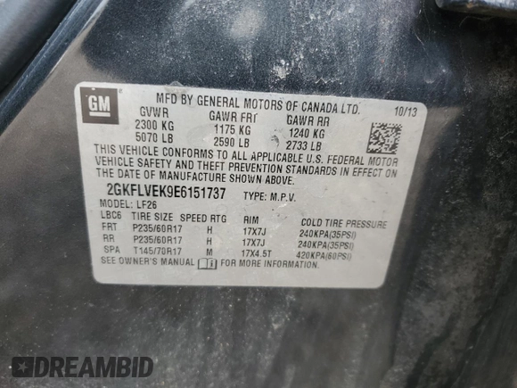2014 GMC Terrain SLE with VIN 2GKFLVEK9E6151737, listed as a Copart auction lot 57722435 with 114,359 mi miles and Clean title. Bid and sale history available at DreamBid. Image 12.