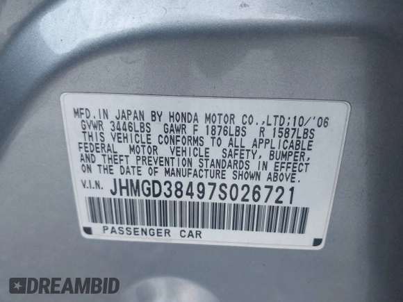 2007 Honda Fit with VIN JHMGD38497S026721, listed as a IAAI auction lot 42799270 with 190,846 mi miles and . Bid and sale history available at DreamBid. Image 9.