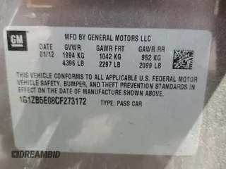 2012 Chevrolet Malibu 1LS with VIN 1G1ZB5E08CF273172, listed as a Copart auction lot 47735255 with 176,488 mi miles and Salvage Title. Bid and sale history available at DreamBid. Image 12.