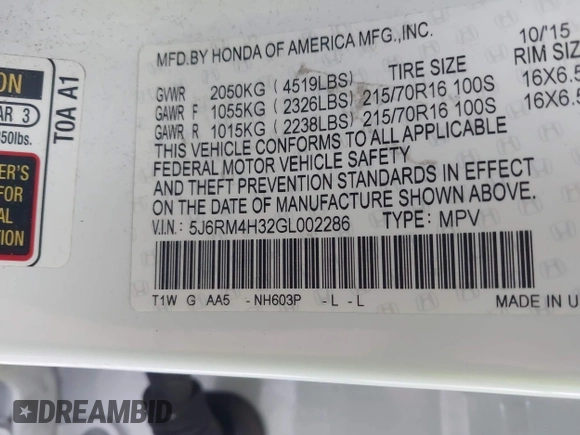 2016 Honda CR-V LX with VIN 5J6RM4H32GL002286, listed as a IAAI auction lot 42017263 with 186,190 mi miles. Bid and sale history available at carsss.com. Image 9.