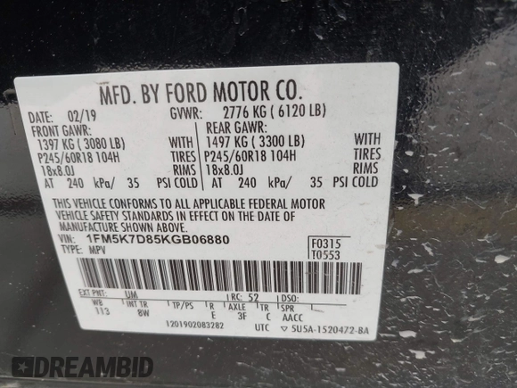 2019 Ford Explorer XLT z VIN 1FM5K7D85KGB06880, wystawiony jako IAAI lot #42158231 z przebiegiem 66 029 mil mil oraz . Historia ofert i sprzedaży dostępna na DreamBid. Obrazek 9.