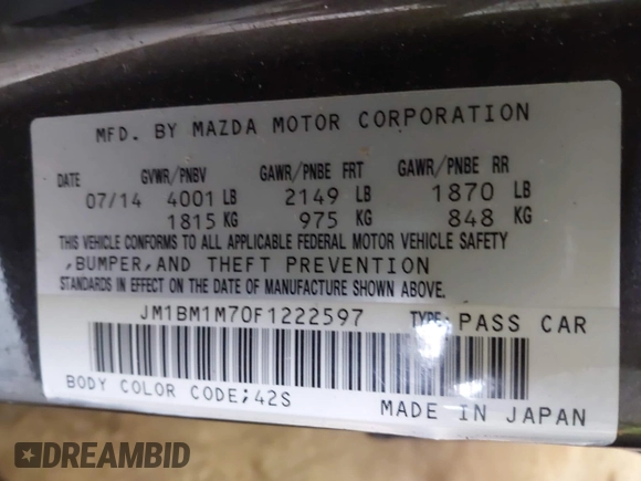 2015 Mazda 3 i Grand Touring z VIN JM1BM1M70F1222597, wystawiony jako IAAI lot #41960987 z przebiegiem 40 841 mil mil oraz . Historia ofert i sprzedaży dostępna na DreamBid. Obrazek 9.