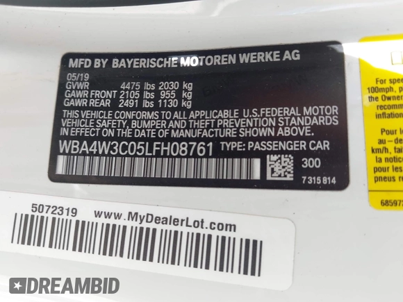 2020 BMW 4 Series 430i z VIN WBA4W3C05LFH08761, wystawiony jako IAAI lot #42485971 z przebiegiem 52 665 mil mil oraz . Historia ofert i sprzedaży dostępna na DreamBid. Obrazek 9.
