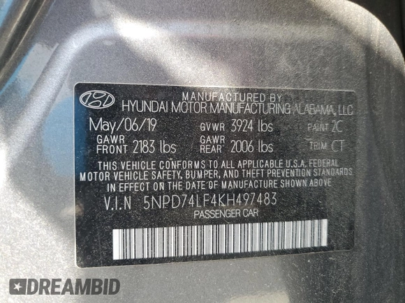 2019 Hyundai Elantra SE with VIN 5NPD74LF4KH497483, listed as a Copart auction lot 50927085 with 74,711 mi miles and Salvage Title. Bid and sale history available at DreamBid. Image 12.