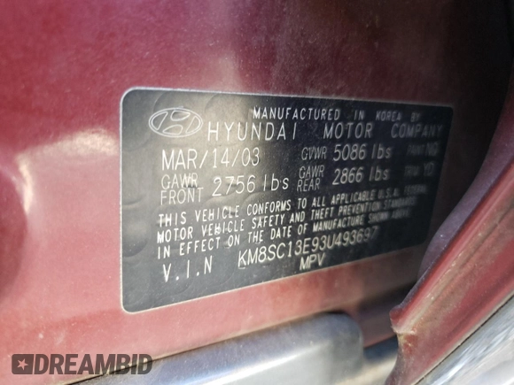2003 Hyundai Santa Fe GLS with VIN KM8SC13E93U493697, listed as a Copart auction lot 78350284 with 82,871 mi miles and Salvage Title. Bid and sale history available at carsss.com. Image 13.