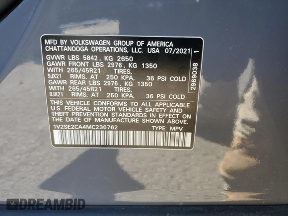 2021 Volkswagen Atlas SEL with VIN 1V2SE2CA4MC236762, listed as a Copart auction lot 45089025 with 79,963 mi miles and Salvage title. Bid and sale history available at DreamBid. Image 13.