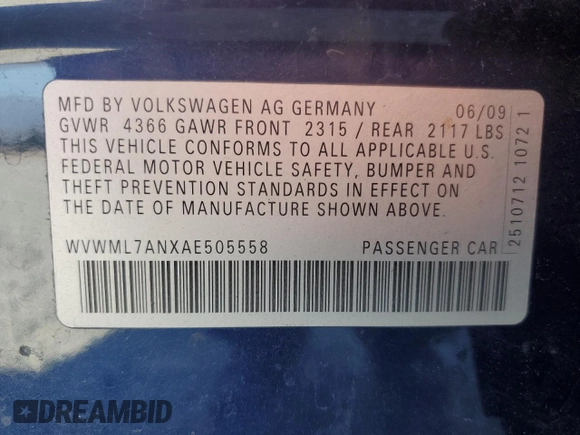 2010 Volkswagen CC Sport with VIN WVWML7ANXAE505558, listed as a Copart auction lot 75438534 with 113,002 mi miles and Salvage Title. Bid and sale history available at DreamBid. Image 12.
