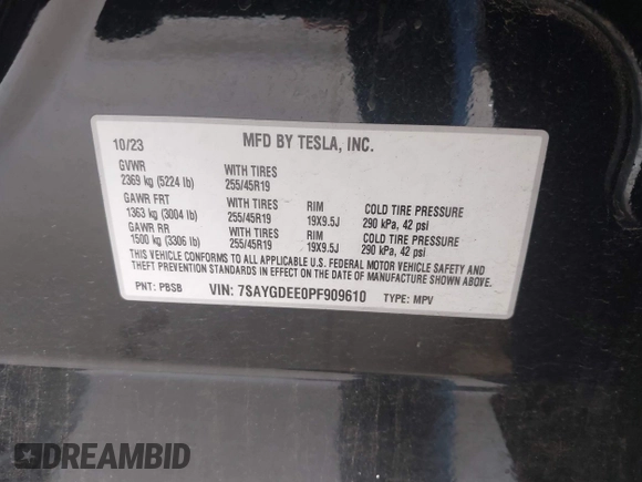 2023 Tesla Model Y Long Range with VIN 7SAYGDEE0PF909610, listed as a IAAI auction lot 41906081 with 20,656 mi miles and . Bid and sale history available at DreamBid. Image 9.