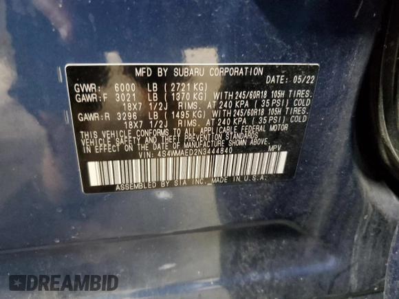 2022 Subaru Ascent Premium with VIN 4S4WMAED2N3444840, listed as a Copart auction lot 64881385 with 115,375 mi miles and Clean title. Bid and sale history available at DreamBid. Image 13.