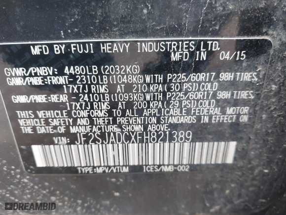 2015 Subaru Forester 2.5i Premium with VIN JF2SJADCXFH821389, listed as a IAAI auction lot 41940129 with 48,955 mi miles. Bid and sale history available at carsss.com. Image 9.