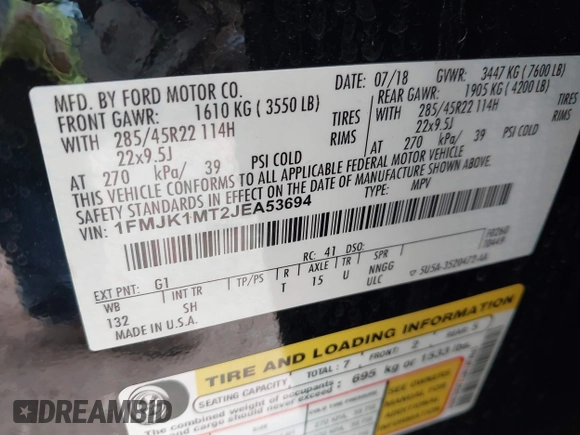 2018 Ford Expedition Max Platinum с VIN 1FMJK1MT2JEA53694, выставлен на аукционе IAAI как лот 42297036 с пробегом 70 239 миль миль и . История ставок и продаж доступна на DreamBid. Изображение 9.