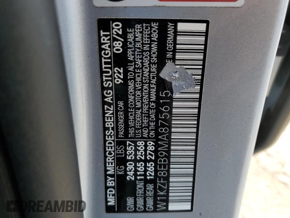 2021 Mercedes-Benz E 350 with VIN W1KZF8EB9MA875615, listed as a Copart auction lot 51165855 with 36,247 mi miles and Salvage Title. Bid and sale history available at DreamBid. Image 12.