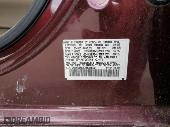 2007 Honda Ridgeline RTL w/Leather with VIN 2HJYK16587H534502, listed as a Copart auction lot 61122274 with 316,248 mi miles and Salvage Title. Bid and sale history available at carsss.com. Image 13.
