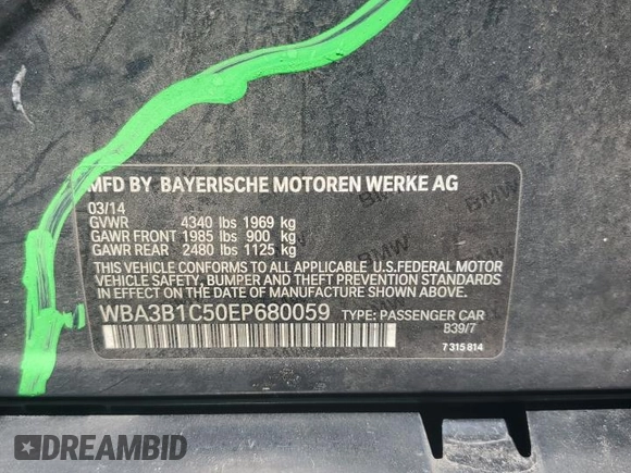 2014 BMW 3 Series 320i with VIN WBA3B1C50EP680059, listed as a Copart auction lot 53445255 with 140,233 mi miles and Salvage Title. Bid and sale history available at carsss.com. Image 12.