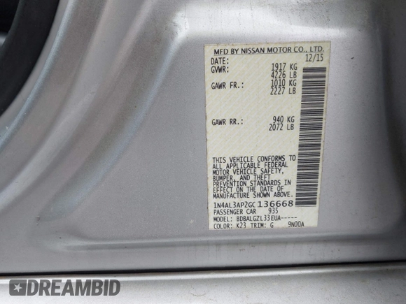 2016 Nissan Altima SL with VIN 1N4AL3AP2GC136668, listed as a IAAI auction lot 42074643 with 117,198 mi miles and . Bid and sale history available at carsss.com. Image 9.