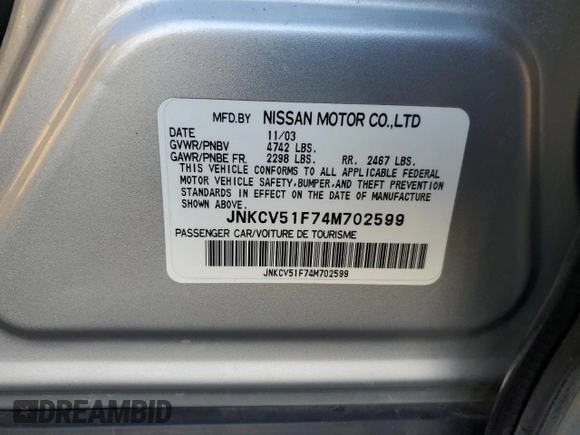 2004 Infiniti G35 w/Leather with VIN JNKCV51F74M702599, listed as a Copart auction lot 75554534 with 122,353 mi miles and Clean Title. Bid and sale history available at DreamBid. Image 12.