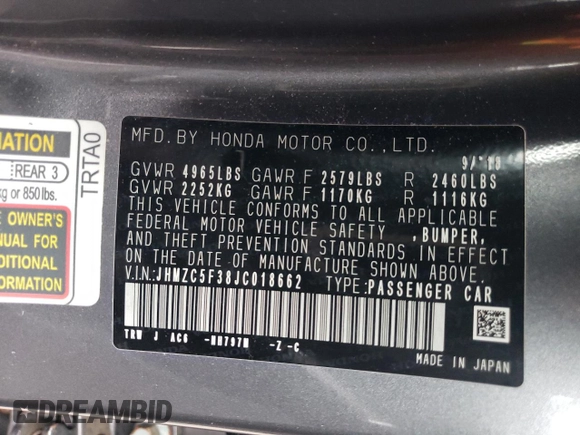2018 Honda Clarity Plug-In Hybrid Touring with VIN JHMZC5F38JC018662, listed as a Copart auction lot 44567784 with 30,643 mi miles. Bid and sale history available at carsss.com. Image 13.