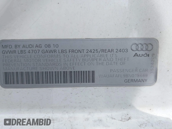 2011 Audi A4 Premium z VIN WAUAFAFL9BN018669, wystawiony jako IAAI lot #41904225 z przebiegiem 124 293 mil mil oraz . Historia ofert i sprzedaży dostępna na DreamBid. Obrazek 9.