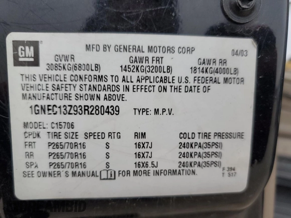 2003 Chevrolet Tahoe LS with VIN 1GNEC13Z93R280439, listed as a Copart auction lot 46139355 with 208,841 mi miles and Salvage Title. Bid and sale history available at carsss.com. Image 13.