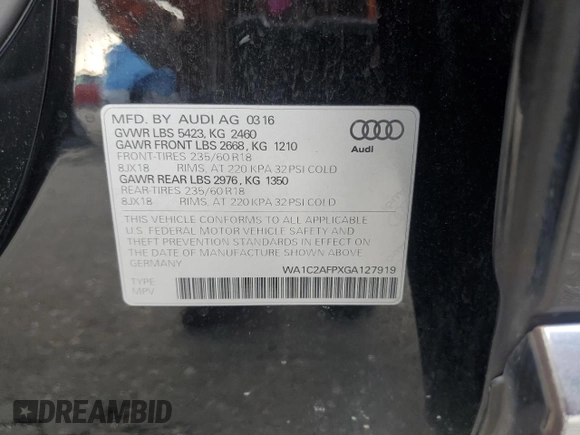 2016 Audi Q5 Premium with VIN WA1C2AFPXGA127919, listed as a Copart auction lot 49411965 with 110,055 mi miles and Salvage title. Bid and sale history available at DreamBid. Image 13.