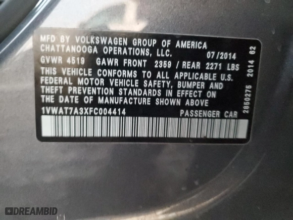 2015 Volkswagen Passat 1.8T Wolfsburg Ed with VIN 1VWAT7A3XFC004414, listed as a Copart auction lot 47180725 with 132,464 mi miles and Salvage Title. Bid and sale history available at carsss.com. Image 12.