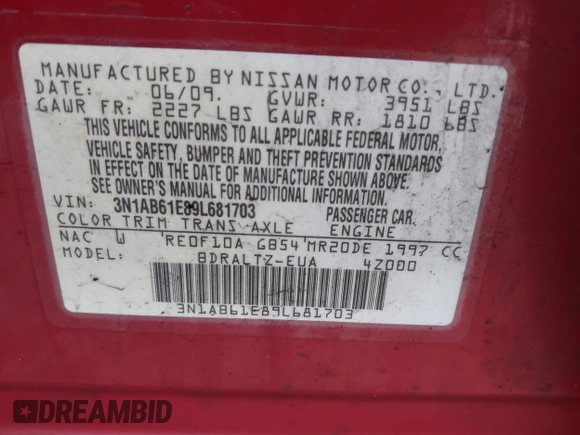 2009 Nissan Sentra FE+ with VIN 3N1AB61E89L681703, listed as a IAAI auction lot 41183347 with 174,608 mi miles and . Bid and sale history available at DreamBid. Image 9.