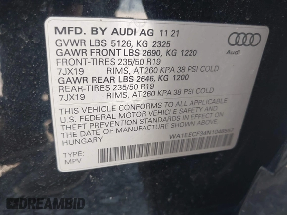 2022 Audi Q3 S line Premium Plus z VIN WA1EECF34N1048557, wystawiony jako IAAI lot #41758015 z przebiegiem 38 234 mil mil oraz . Historia ofert i sprzedaży dostępna na DreamBid. Obrazek 9.