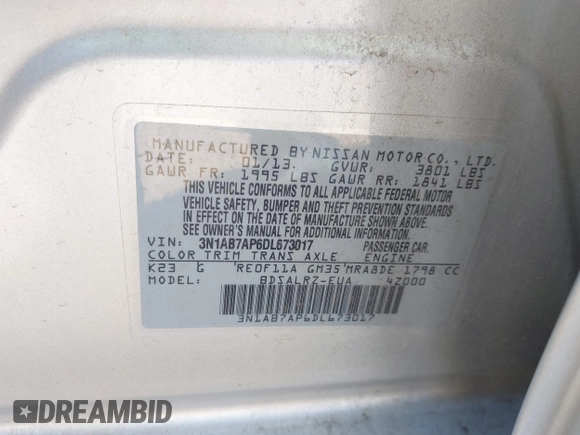 2013 Nissan Sentra SR z VIN 3N1AB7AP6DL673017, wystawiony jako IAAI lot #41478201 z przebiegiem 144 884 mil mil oraz . Historia ofert i sprzedaży dostępna na DreamBid. Obrazek 9.