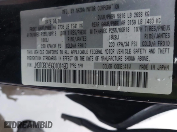 2016 Mazda CX-9 Touring with VIN JM3TCBCY5G0101490, listed as a IAAI auction lot 42062846 with 85,352 mi miles and . Bid and sale history available at DreamBid. Image 9.