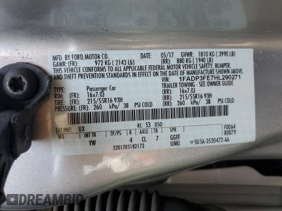 2017 Ford Focus SE with VIN 1FADP3FE7HL290271, listed as a Copart auction lot 60665615 with 130,409 mi miles and Salvage title. Bid and sale history available at DreamBid. Image 13.