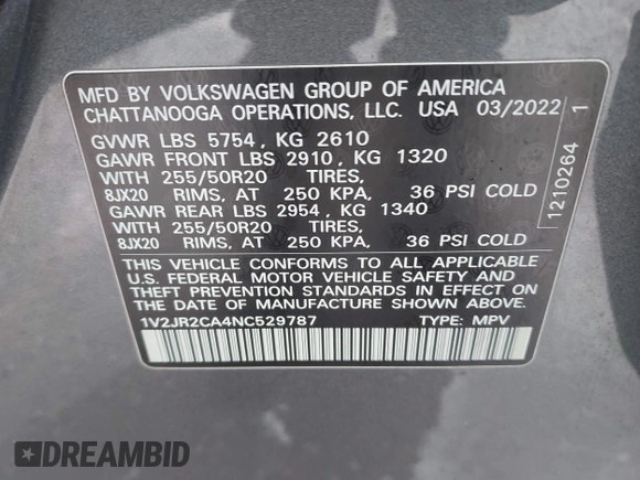 2022 Volkswagen Atlas SE z VIN 1V2JR2CA4NC529787, wystawiony jako IAAI lot #42051211 z przebiegiem 55 787 mil mil oraz . Historia ofert i sprzedaży dostępna na DreamBid. Obrazek 9.