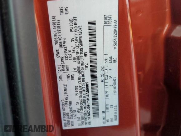 2019 Ford Escape S with VIN 1FMCU0F71KUA59085, listed as a Copart auction lot 60250375 with 227,114 mi miles and Salvage title. Bid and sale history available at DreamBid. Image 13.