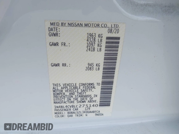 2020 Nissan Altima SR z VIN 1N4BL4CV8LC275140, wystawiony jako IAAI lot #42050885 z przebiegiem 61 198 mil mil oraz . Historia ofert i sprzedaży dostępna na DreamBid. Obrazek 9.