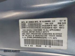 2011 Honda Odyssey Touring с VIN 5FNRL5H92BB033245, выставлен на аукционе IAAI как лот 42226287 с пробегом 184 910 миль миль и . История ставок и продаж доступна на DreamBid. Изображение 9.