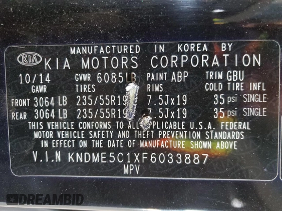 2015 Kia Sedona SX-L with VIN KNDME5C1XF6033887, listed as a Copart auction lot 84474184 with 83,437 mi miles and Salvage Title. Bid and sale history available at DreamBid. Image 13.