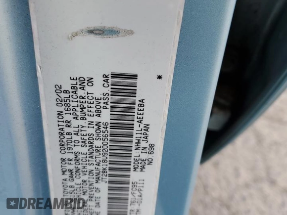 2002 Toyota Prius with VIN JT2BK18U920056546, listed as a Copart auction lot 52028115 with 61,864 mi miles and Salvage Title. Bid and sale history available at DreamBid. Image 12.