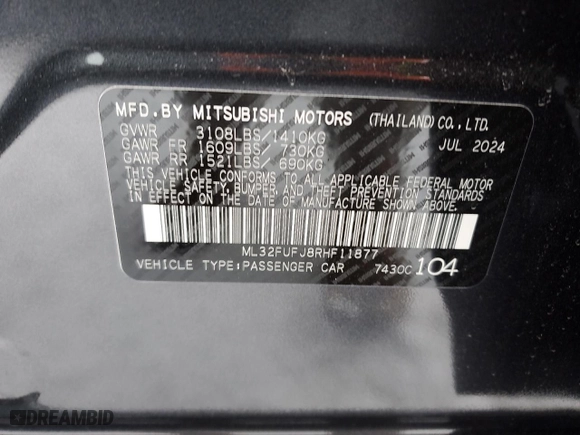 2024 Mitsubishi Mirage G4 ES with VIN ML32FUFJ8RHF11877, listed as a Copart auction lot 54574865 with 171 mi miles and Non Repairable. Bid and sale history available at carsss.com. Image 12.
