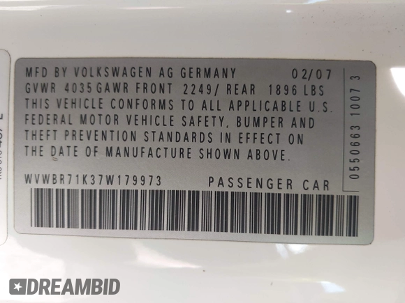 2007 Volkswagen Rabbit z VIN WVWBR71K37W179973, wystawiony jako IAAI lot #42522408 z przebiegiem 154 474 mil mil oraz . Historia ofert i sprzedaży dostępna na DreamBid. Obrazek 9.