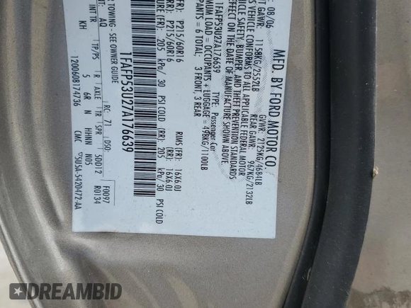 2007 Ford Taurus SE with VIN 1FAFP53U27A176639, listed as a Copart auction lot 84345294 with Not provided miles and Clean title. Bid and sale history available at DreamBid. Image 12.