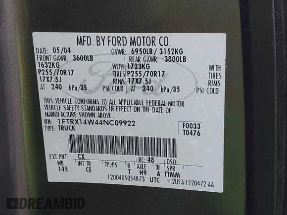2004 Ford F-150 STX z VIN 1FTRX14W44NC09922, wystawiony jako IAAI lot #42451619 z przebiegiem 239 802 mil mil oraz . Historia ofert i sprzedaży dostępna na DreamBid. Obrazek 9.
