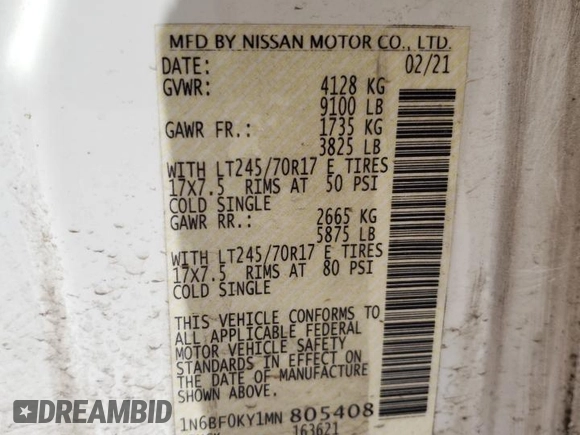 2021 Nissan NV Cargo SV z VIN 1N6BF0KY1MN805408, wystawiony jako Copart lot #52198305 z przebiegiem 175 551 mil mil oraz Szkoda całkowita • Salvage title. Historia ofert i sprzedaży dostępna na DreamBid. Obrazek 13.